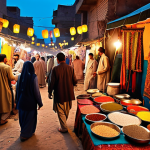 **A vibrant and bustling Pakistani bazaar (market) at dusk.  Focus on the colorful textiles, spice stalls overflowing with goods, and the warm glow of lanterns. Include people in traditional clothing haggling and interacting.**