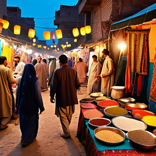 Home 18 **A vibrant and bustling Pakistani bazaar (market) at dusk. Focus on the colorful textiles, spice stalls overflowing with goods, and the warm glow of lanterns. Include people in traditional clothing haggling and interacting.**