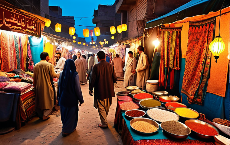**A vibrant and bustling Pakistani bazaar (market) at dusk. Focus on the colorful textiles, spice stalls overflowing with goods, and the warm glow of lanterns. Include people in traditional clothing haggling and interacting.**