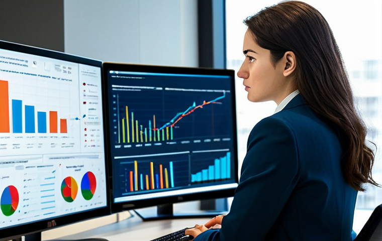 A professional data analyst, of ambiguous gender, in a modest business suit, intently reviewing data on multiple computer screens in a modern, well-lit corporate office. The screens display complex graphs, charts, and data visualizations. The pose is natural and focused, reflecting deep analytical thought. The image should be a high-quality professional photograph, safe for work, appropriate content, fully clothed, perfect anatomy, correct proportions, natural pose, well-formed hands, proper finger count, natural body proportions, professional dress, family-friendly.