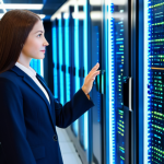 A professional female marketing executive, fully clothed in a modest business suit, stands confidently in a modern, brightly lit data center. Her hand gently touches a holographic display that shows abstract representations of secure data pathways and encrypted information. Her expression is thoughtful and reassuring, symbolizing trust and data protection. The background features server racks glowing with soft blue lights, emphasizing a secure digital environment. The overall scene is clean, high-tech, and conveys a sense of responsibility. safe for work, appropriate content, fully clothed, professional, modest, perfect anatomy, correct proportions, natural pose, well-formed hands, proper finger count, natural body proportions, professional dress, family-friendly.