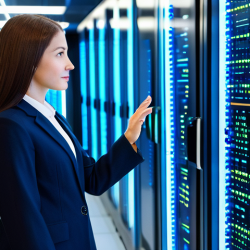 Home 8 A professional female marketing executive, fully clothed in a modest business suit, stands confidently in a modern, brightly lit data center. Her hand gently touches a holographic display that shows abstract representations of secure data pathways and encrypted information. Her expression is thoughtful and reassuring, symbolizing trust and data protection. The background features server racks glowing with soft blue lights, emphasizing a secure digital environment. The overall scene is clean, high-tech, and conveys a sense of responsibility. safe for work, appropriate content, fully clothed, professional, modest, perfect anatomy, correct proportions, natural pose, well-formed hands, proper finger count, natural body proportions, professional dress, family-friendly.