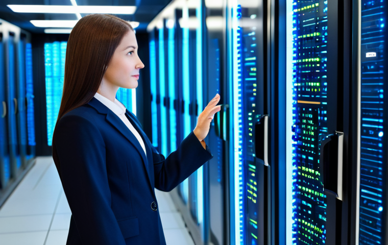 A professional female marketing executive, fully clothed in a modest business suit, stands confidently in a modern, brightly lit data center. Her hand gently touches a holographic display that shows abstract representations of secure data pathways and encrypted information. Her expression is thoughtful and reassuring, symbolizing trust and data protection. The background features server racks glowing with soft blue lights, emphasizing a secure digital environment. The overall scene is clean, high-tech, and conveys a sense of responsibility. safe for work, appropriate content, fully clothed, professional, modest, perfect anatomy, correct proportions, natural pose, well-formed hands, proper finger count, natural body proportions, professional dress, family-friendly.