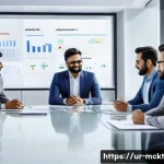 Home 21 고객 피드백을 활용한 이메일 자동화 개선 - A modern office scene showing a diverse group of Urdu-speaking professionals gathered around a sleek...