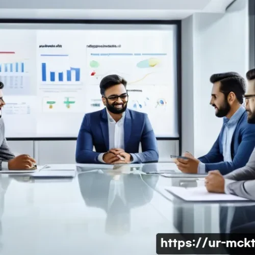 Home 15 고객 피드백을 활용한 이메일 자동화 개선 - A modern office scene showing a diverse group of Urdu-speaking professionals gathered around a sleek...