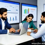 Home 20 이메일 전환율을 높이는 자동화 기술 - A modern office setting featuring a diverse South Asian marketing team collaborating on email automa...