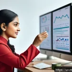 Home 23 이메일 마케팅 자동화의 진화하는 기술 - A modern email marketing workspace set in a sleek office with a South Asian professional woman analy...