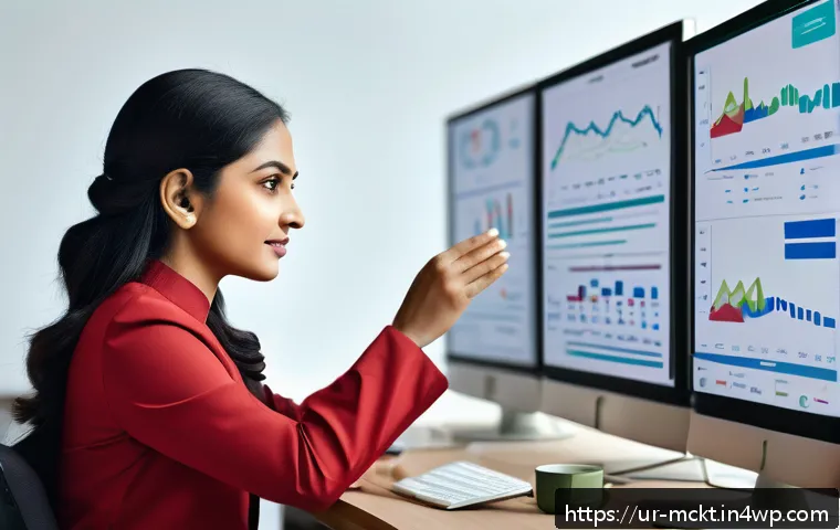 이메일 마케팅 자동화의 진화하는 기술 - A modern email marketing workspace set in a sleek office with a South Asian professional woman analy...